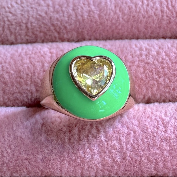 Lime Green Enamel Canary Yellow CZ Heart Park Lane Jewelry Zest Ring SZ 6 - Picture 7 of 12